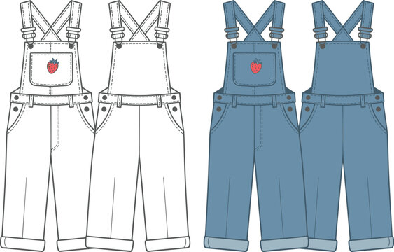 Fashion flat sketch of denim overalls with strawberry patch in front and back views Keywords: overalls, dungarees, denim, jeans