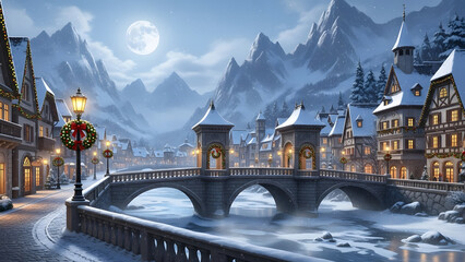 Luxurious winter wonderland town, elegant stone bridges crossing frozen rivers, ornate holiday wreaths, moonlight shimmering on snow, dramatic mountain peaks, charming European architecture