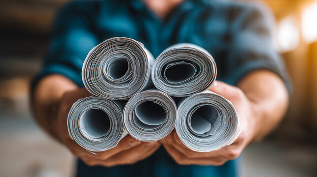 A young man holds rolled architectural blueprints in both hands. The background is blurred, suggesting a construction site or studio environment.