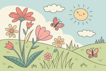 Hand drawn spring background with vibrant flowers butterflies sky clouds sun
