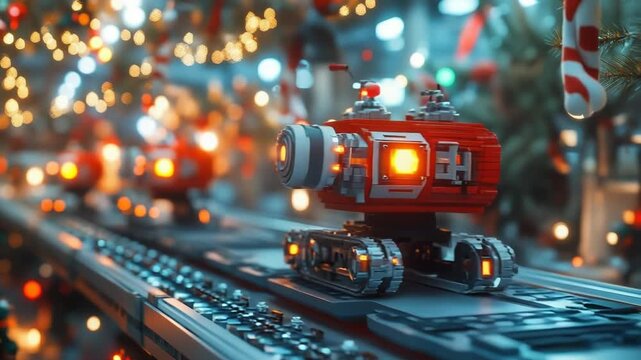 Red robotic toy vehicles travel along a modern conveyor belt in Santas workshop, bright lights and a decorated Christmas tree with twinkling bokeh in the background