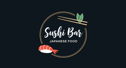 An elegant and minimalist logo for a Japanese sushi bar featuring a circular frame chopsticks and nigiri on a dark background.