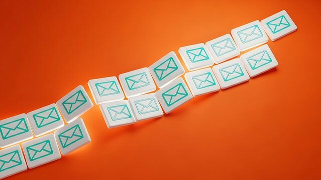 Domino effect of white tiles featuring green envelope icons arranged diagonally on a vibrant orange surface