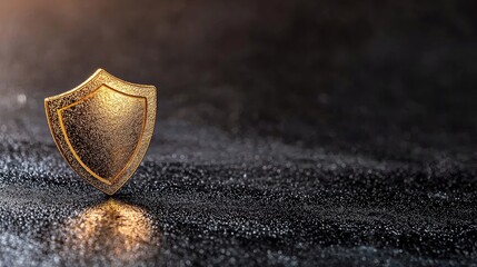 A golden shield stands on a dark, reflective surface, illuminated by dramatic lighting. The image evokes themes of protection and security.