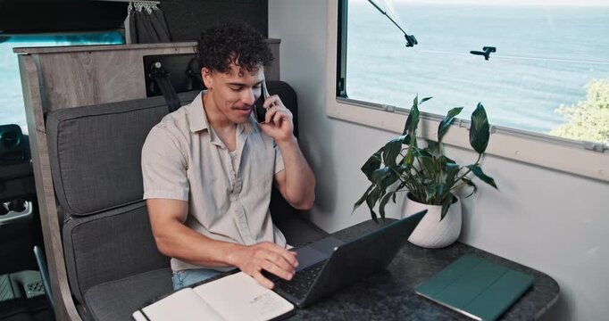 Typing laptop and phone call with man in van for travel blog, freelancer or holiday review. Road trip advisor, online guide and remote work with person in campervan for contact or digital nomad