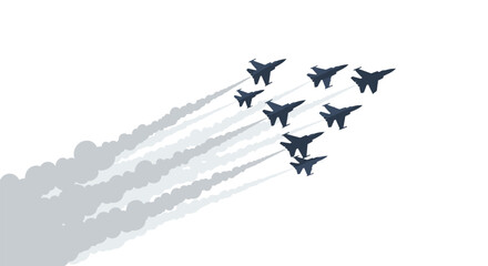 A squadron of military fighter jets performing a flyby in formation with thick grey smoke trails isolated on a white background.