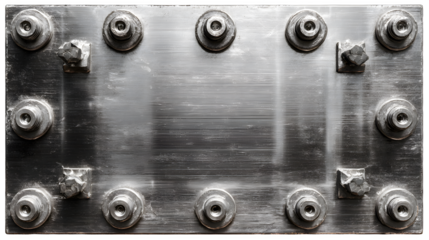 A close up of a metal plate with bolts and screws arranged around the edges of the plate surface