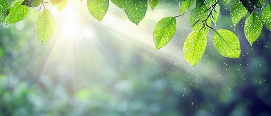 Close-up of vibrant green leaves with water droplets, illuminated by bright sunlight, creating a serene and natural atmosphere.