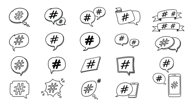 A large collection of hand-drawn hashtag symbols in various speech bubbles and styles for social media and communication concepts.