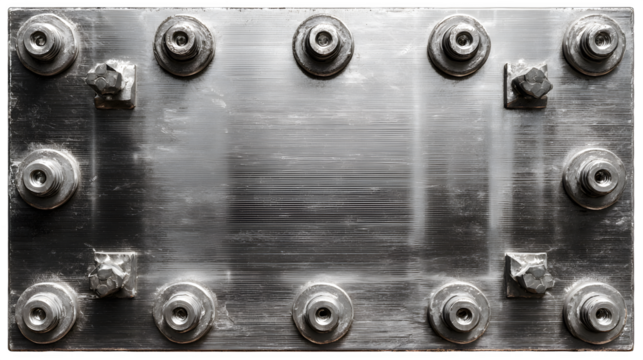 A close up of a metal plate with bolts and screws arranged around the edges of the plate surface
