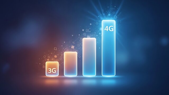 A futuristic 3D conceptual illustration depicting the evolution of mobile telecommunications speed from 3G to 4G network standards. 