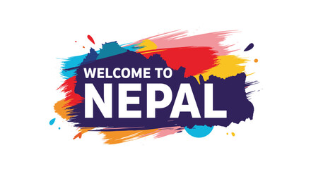 A dynamic 'Welcome to Nepal' travel graphic with white text on a purple map silhouette over a vibrant abstract brush stroke background.