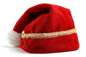Red santa hat with golden ribbon isolated on white background for xmas