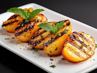 Close-up shot of grilled peach slices garnished with fresh mint leaves, arranged on a white rectangular plate against a dark background.