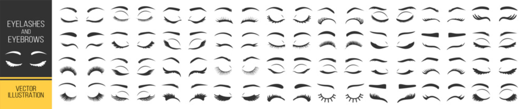 Eyelash and eyebrow silhouette collection, beauty lashes and brows vector set, cosmetic eye shapes, fashion makeup illustration on transparent background