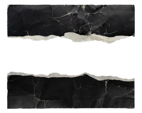 Torn black pages uneven eddges with cracks and textured tears. On an isolated transparent background. Individually as a design element, together as a frame/border. PNG
