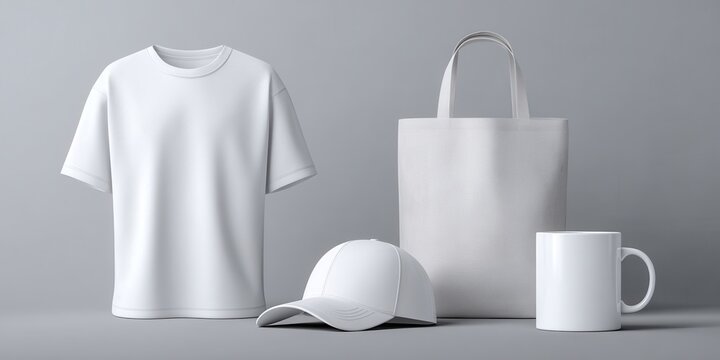 Blank white t shirt baseball cap tote bag and mug for product mockup