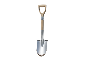 A classic garden shovel with a d shaped wooden handle and a polished metal blade against a black background