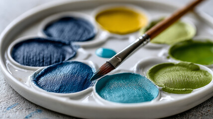 Paintbrush on watercolor palette with vibrant colors.