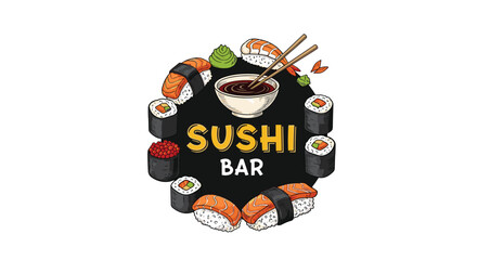 A delicious-looking 'Sushi Bar' logo with hand-drawn illustrations of various sushi rolls nigiri and soy sauce arranged in a circle.