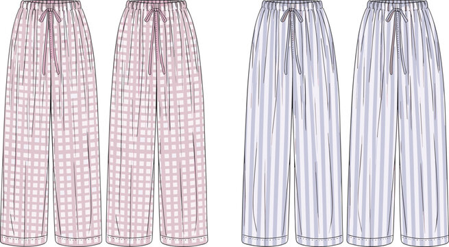 Pink checkered and blue striped wide leg pajama pants front and back views lounge pants