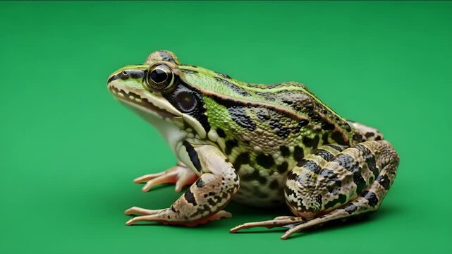 Spotted green pond frog against a vibrant green studio backdrop