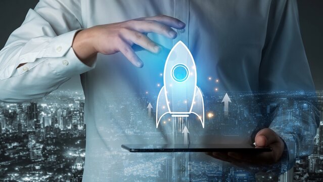 Startup launch and business growth concept, rocket symbolism, entrepreneurship, startup innovation, and early-stage success strategies for new business development and expansion. Muxer