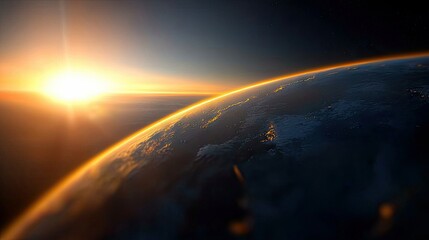 A stunning view of planet Earth from space, with a vibrant sunrise illuminating the atmosphere. The curvature of the Earth is visible, with clouds and city ligh
