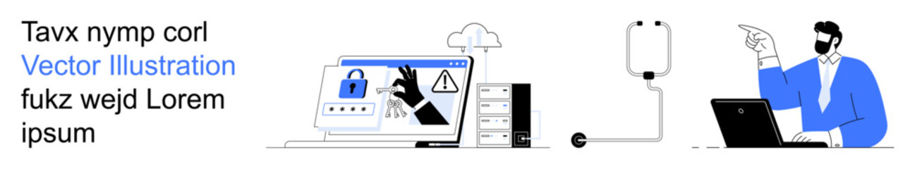 Cybersecurity, technology work, online safety, data protection, remote work, system security. Locked devices and professional working on laptop. Cybersecurity and online safety concept