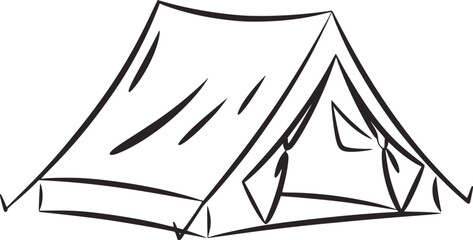 Black and white line drawing of a camping tent shelter