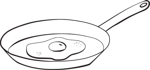 Black and white line drawing of a fried egg in a pan