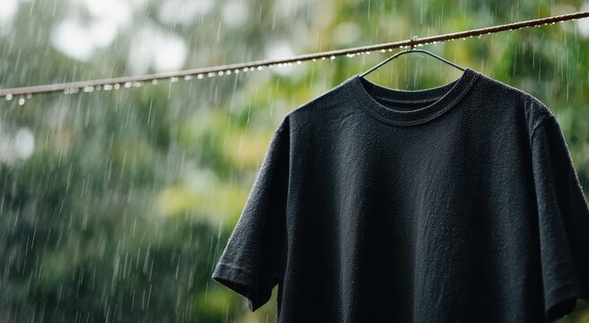 Dark t shirt hanging on clothesline getting wet in heavy rain shower