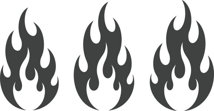 Tribal-style black and gray vector flame icon set representing heat, energy, danger, burning, power, and hot rod automotive design