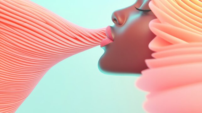 Abstract face blowing flowing pink wave against a light blue background, virtual reality concept