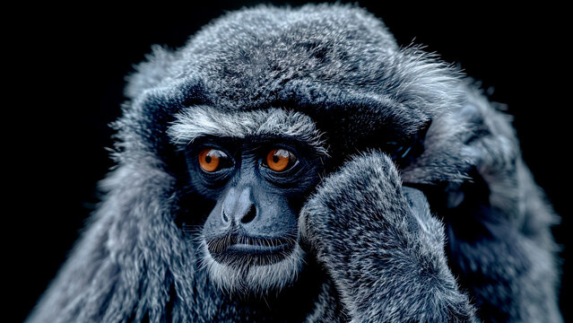 Silvery Gibbon Monkey Touching Face on Black. Primate Posing, Expressive Mammal.