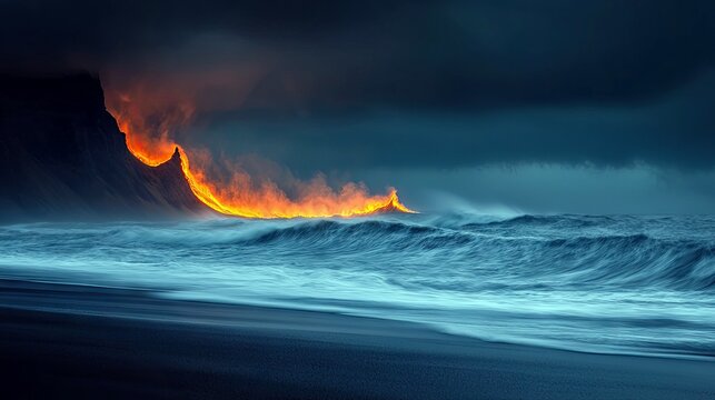 Dramatic landscape of lava meeting ocean waves under a dark, stormy sky. The scene is lit by the fiery glow of the lava.