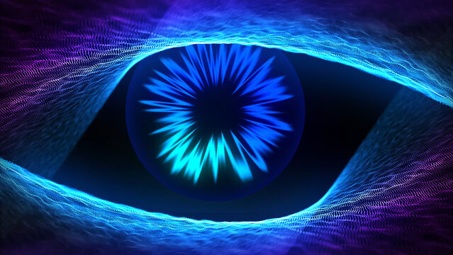 Abstract Technology eyes Wave Line Dots Flow of Particles. Big Data Abstract Background with Shining Blue Pink Flowing Wavy Particle Stars Dust. Glittering Fly Loop on Black Background