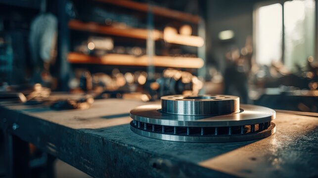 Macro photograph of brake disc with caliper in a clean repair shop setting