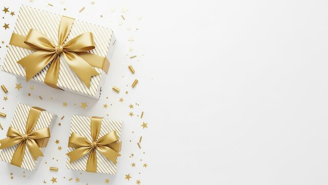 Three gifts wrapped in striped paper with gold ribbons and gold confetti on a white background - Powered by Adobe