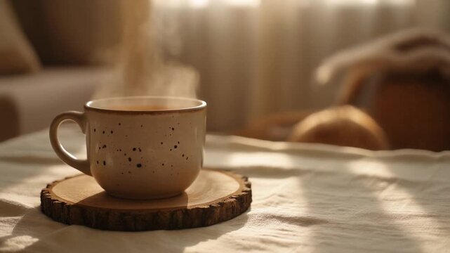 Cozy Morning - Steaming Coffee Cup on Bedside Table.