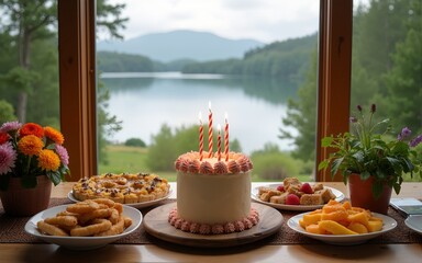 Fototapeta premium Scenic birthday celebration with a beautiful lake view and delicious food spread. High quality