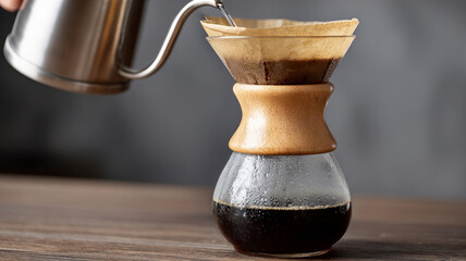 Pour over coffee being brewed into a carafe on wooden table.