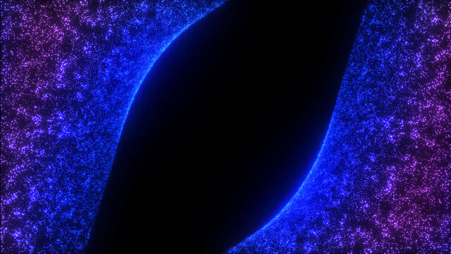 Abstract Technology Wave Line Dots Flow of Particles. Big Data Abstract Background with Shining Blue Pink Flowing Wavy Particle Stars Dust. Glittering Fly Loop on Black Background
