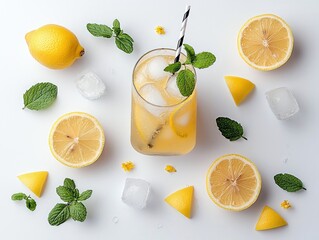 Overhead shot of a refreshing lemonade drink with ice cubes, mint leaves, and lemon slices arranged on a white surface.