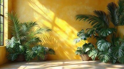 A tranquil indoor scene featuring vibrant green foliage contrasted against a bright yellow wall. Natural light creates a peaceful atmosphere.