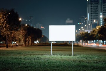 Blank illuminated billboard in a park at night with city lights in the background