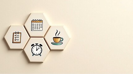 Minimalist hexagon icons of daily planning, scheduling, and productivity on beige background.