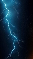 A vibrant blue lightning bolt strikes across a dark, stormy sky with rain.
