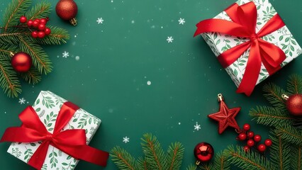 Festive christmas arrangement with gifts ornaments and pine branches on green background top view
