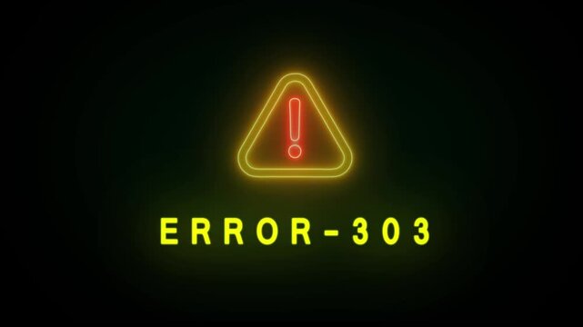 Glowing Red Exclamation Mark in Yellow Triangle Warning Sign with Neon Yellow Text EROR-303 on Black Background